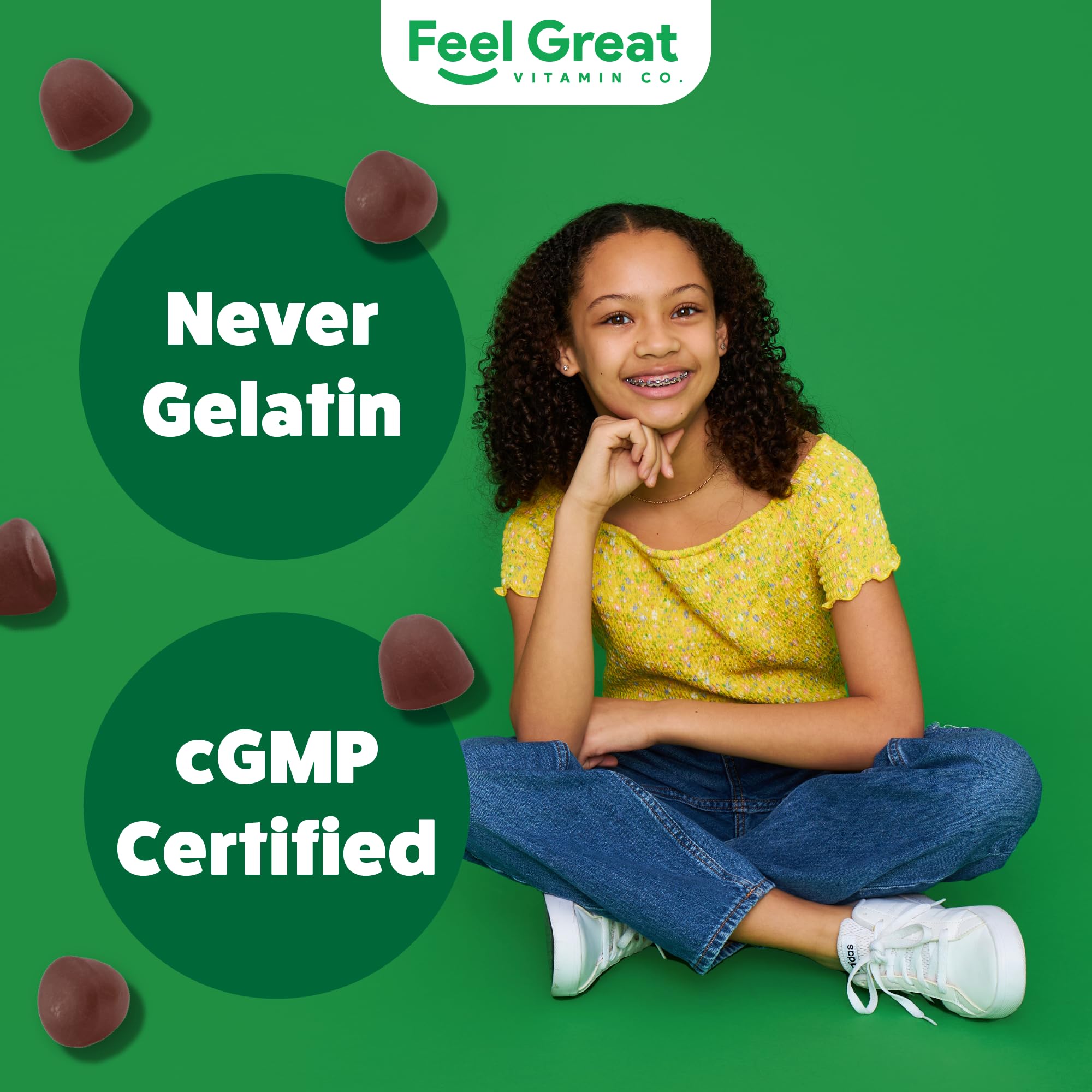 Feel Great Super Green Gummies come in a 60-count bottle for convenient monthly supply.