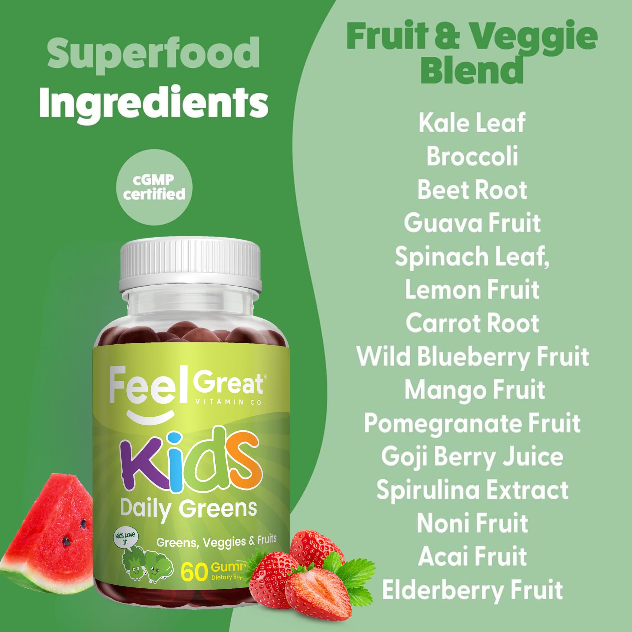 Feel Great Super Green Gummies vegan, gelatin-free label highlights plant-based nutrition.