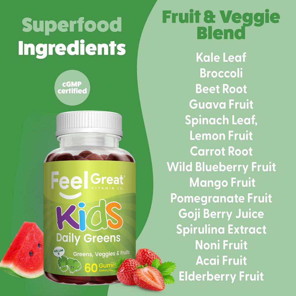 Feel Great Super Green Gummies vegan, gelatin-free label highlights plant-based nutrition.