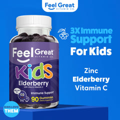 The Feel Great Vitamin Co. elderberry gummies for kids 90-count jar ideal for family use.