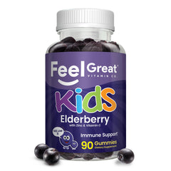The Feel Great Vitamin Co. elderberry gummies for kids bottle promotes daily immune support.