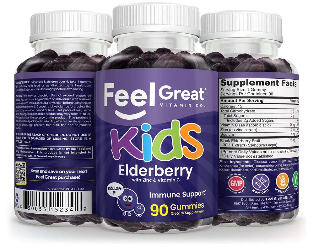 The Feel Great Vitamin Co. elderberry gummies for kids family routine scene.