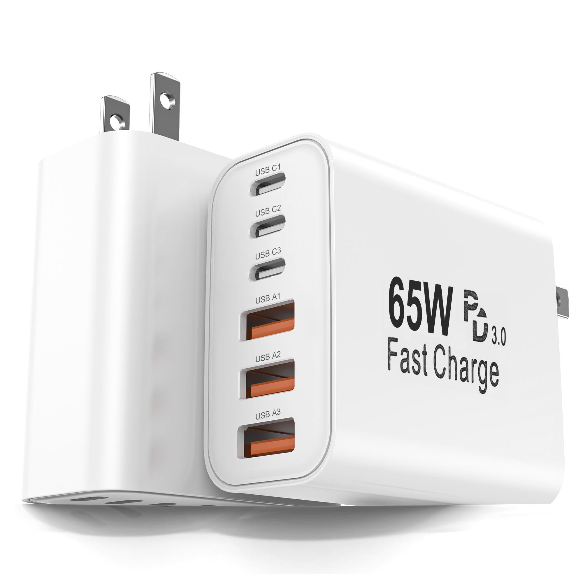 FEEL2NICE 65W 6-port charger front view powering multiple devices