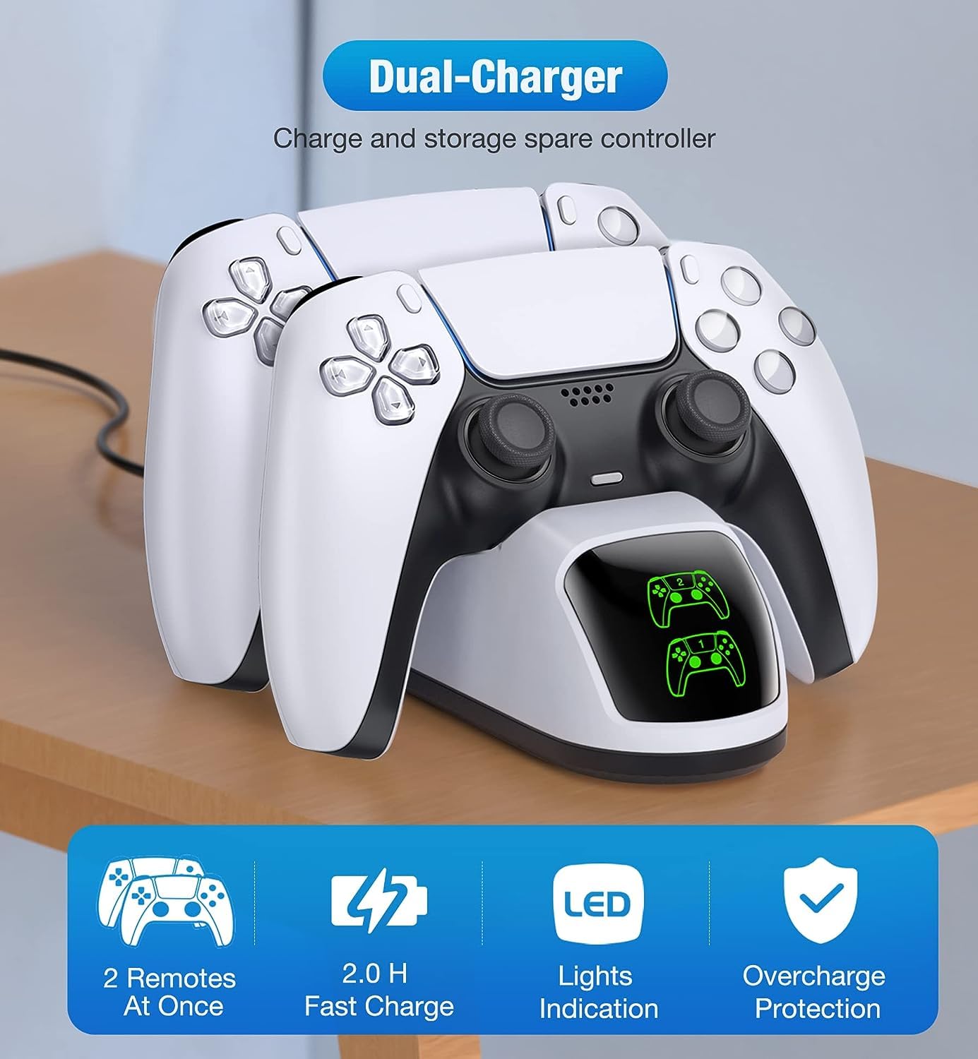 Fegliea PS5 charger dock demonstrates two-controller charging in one place