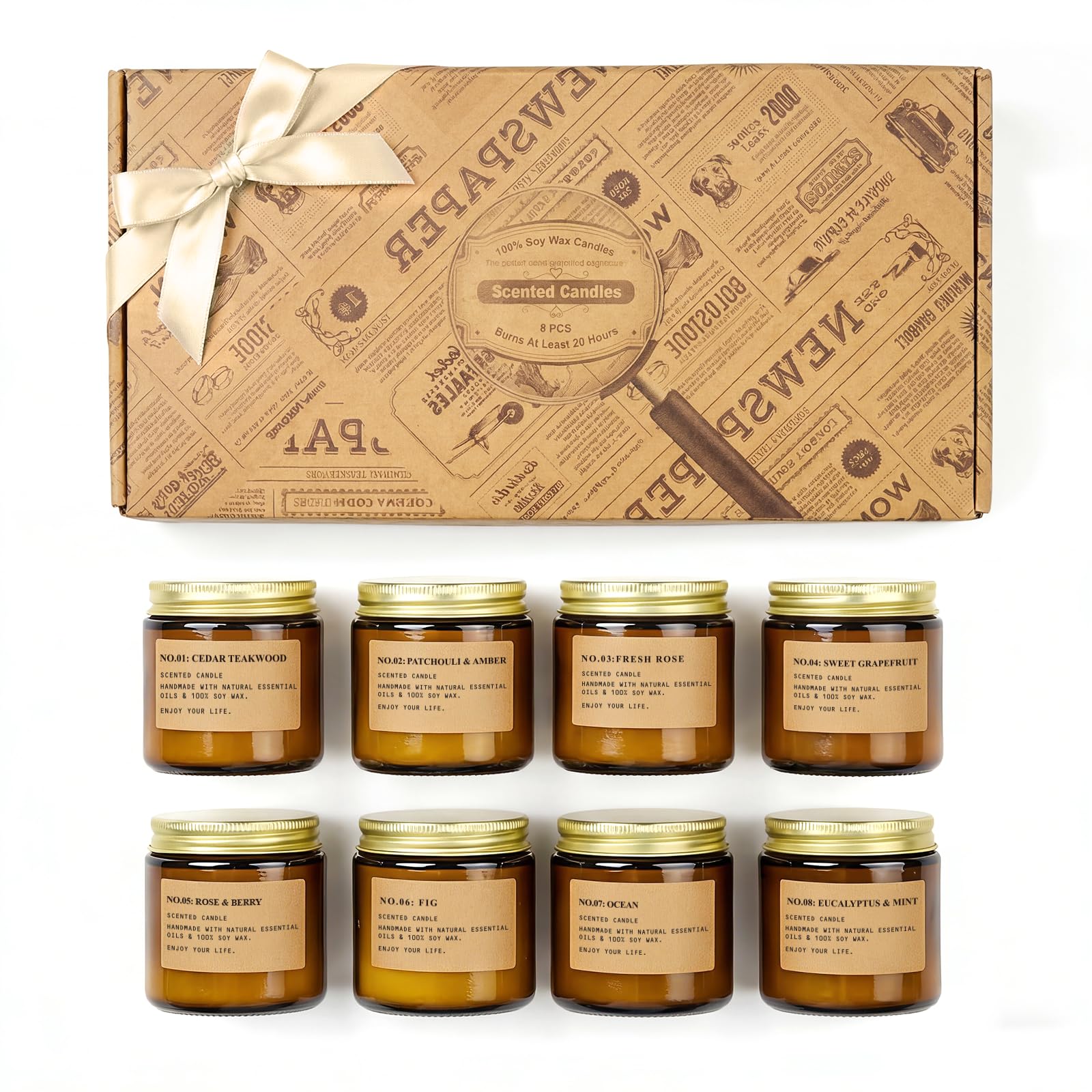 Feibao 8-pack candles in amber jars create cozy ambiance.