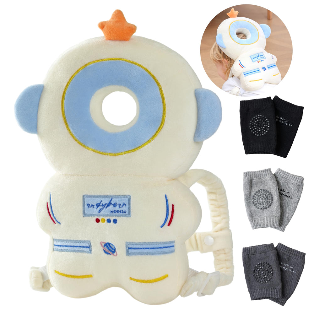 Feidoog baby head protector backpack worn by a toddler for safe crawling.