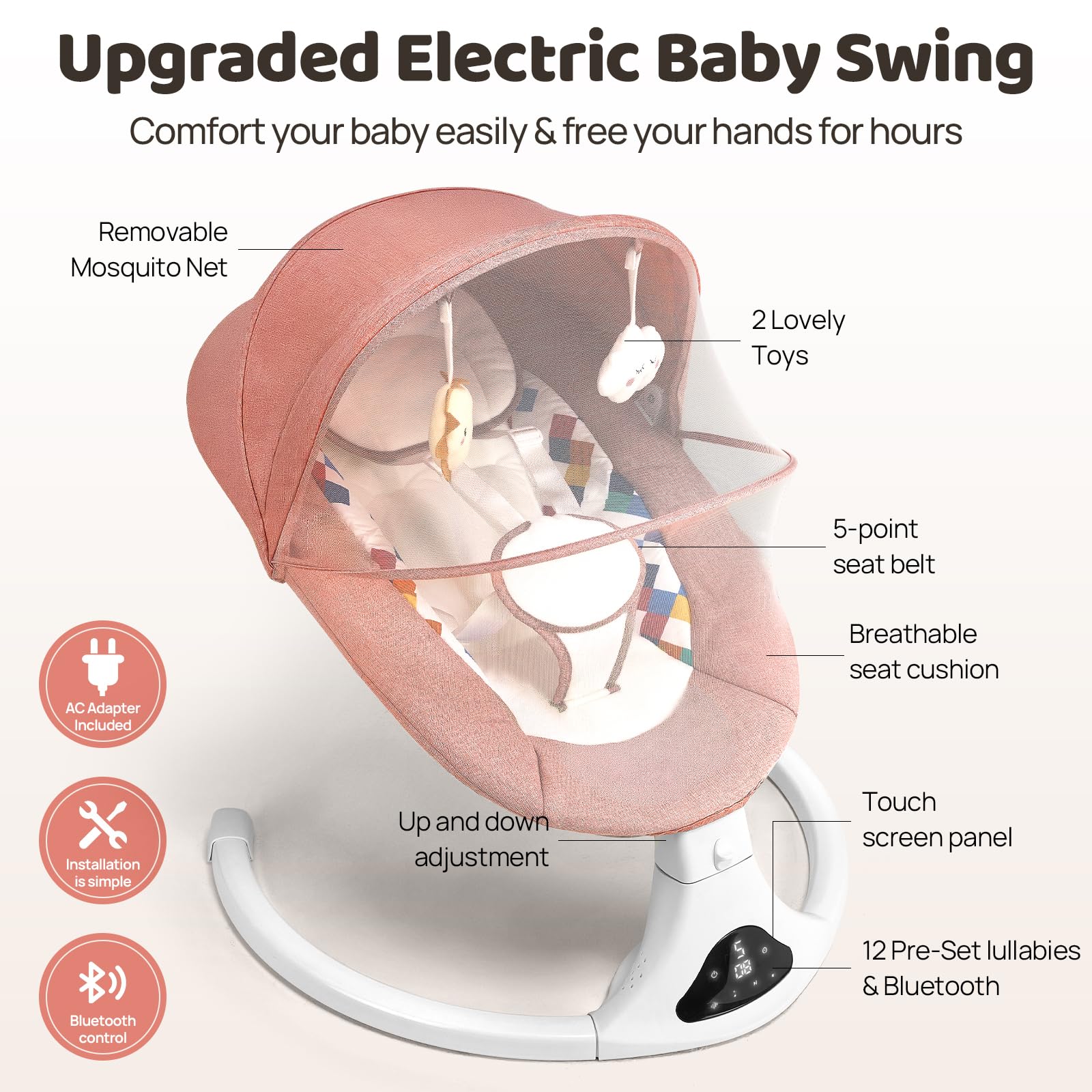 Feitiong baby swing showing five sway speeds for customization