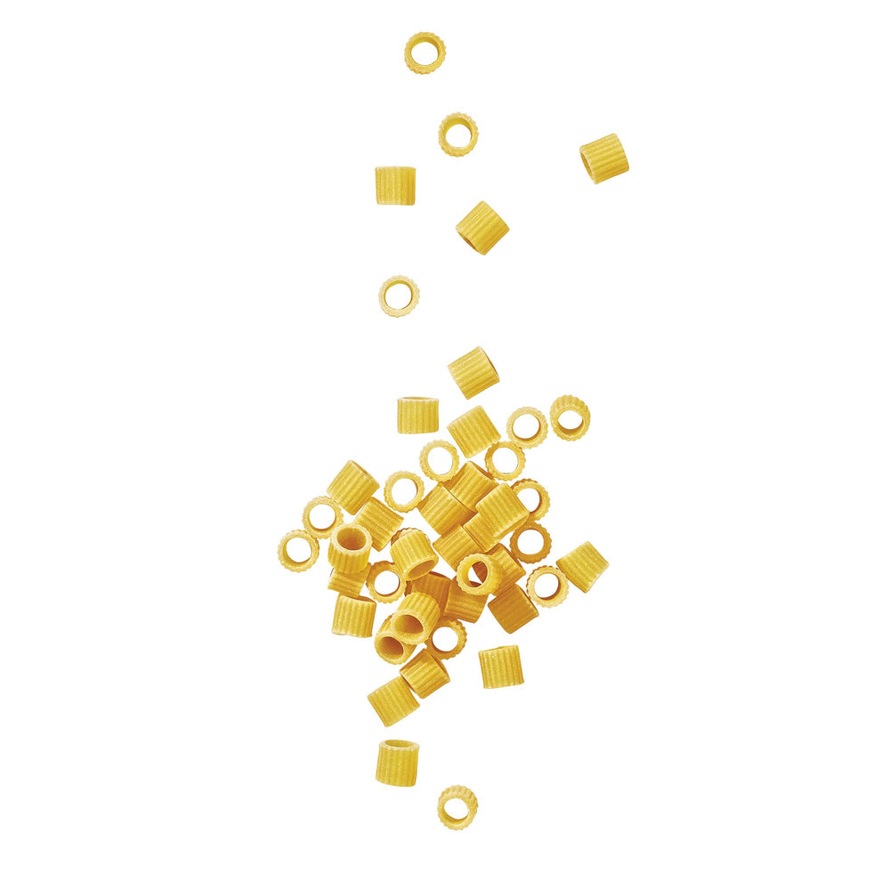 Felicetti Organic Ditalini raw pasta closeup reveals artisanal texture.