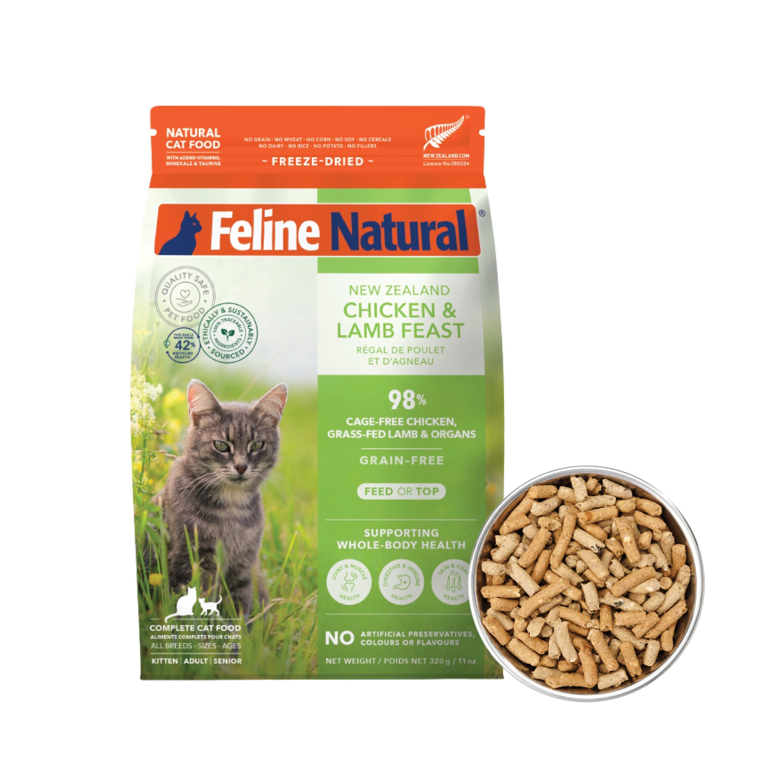 Feline Natural high-protein dry cat food bag label showing transparent ingredients and traceability