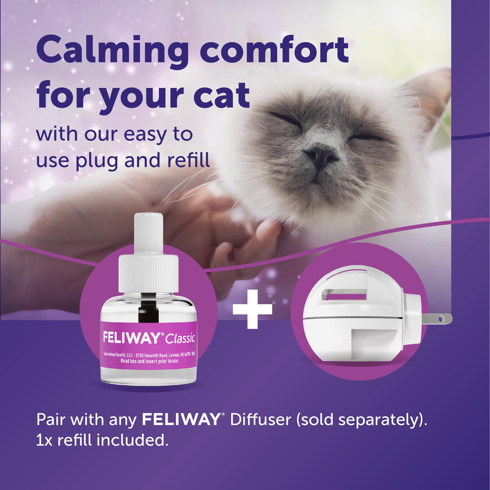 FELIWAY Classic bottle closeup emphasizes 48ml refill for extended calming across rooms.