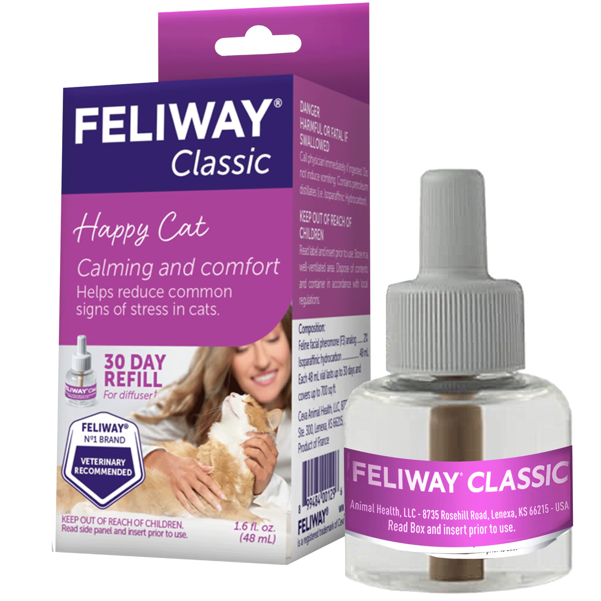 FELIWAY Classic refill bottle shown, offering ongoing calming for cats in the home.