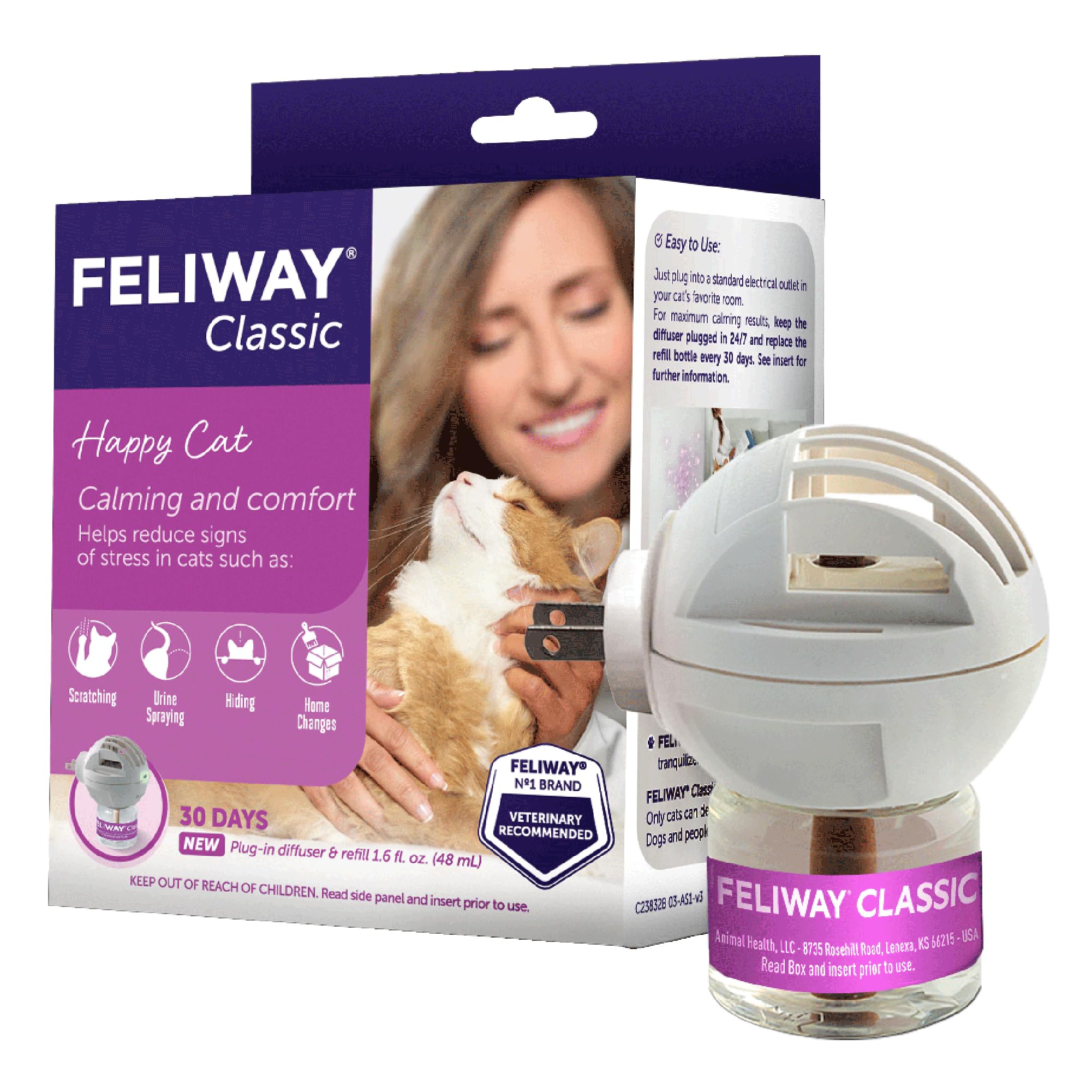 Feliway Classic starter kit 48ml bottle showing calming pheromones for cat stress relief