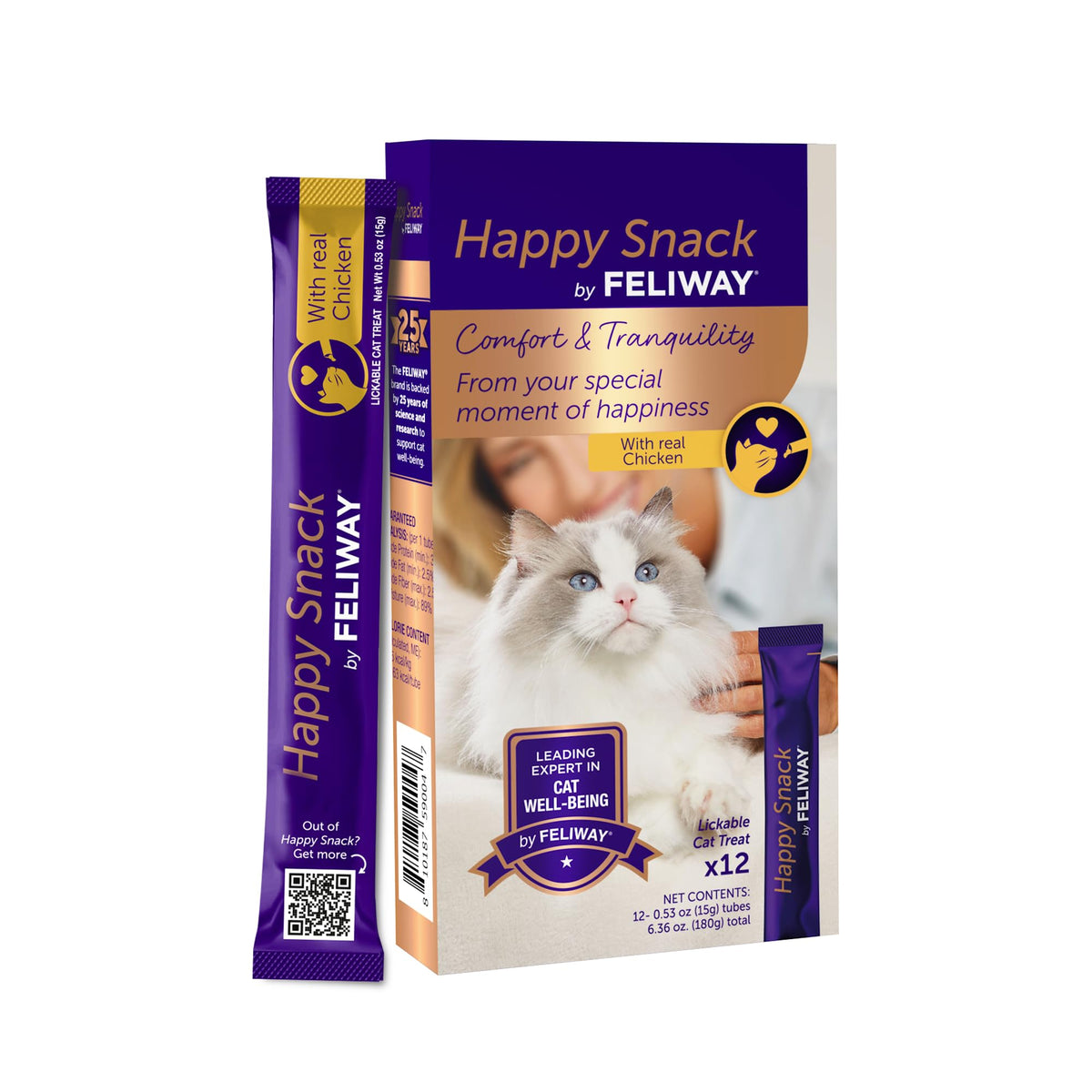 Feliway Happy Snack chicken purée tube showing creamy texture for daily licking and grooming