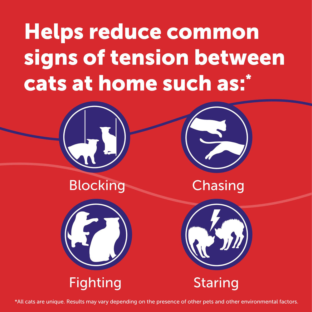 Feliway MultiCat calming messages illustrate pheromone-based tension reduction.