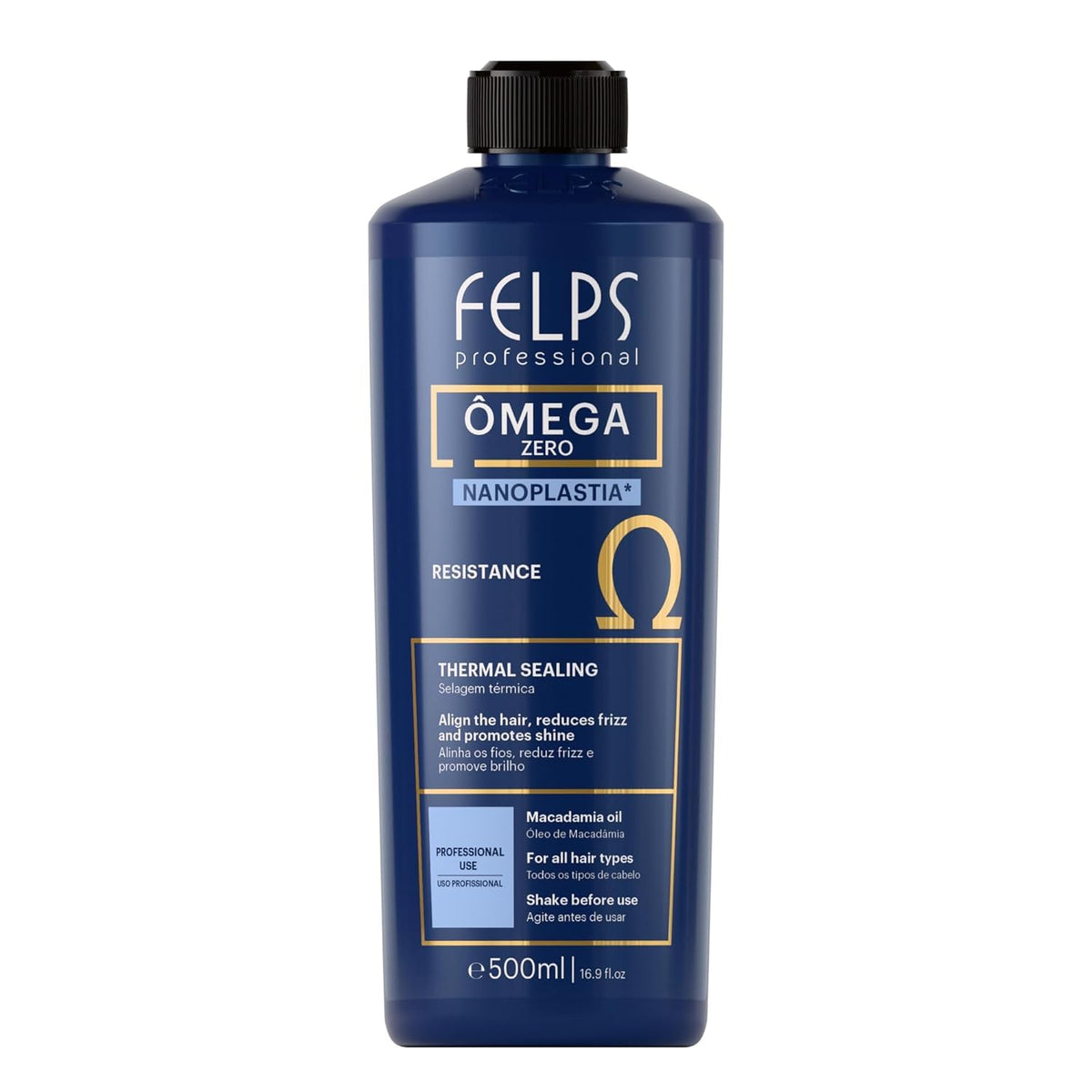 Felps Professional Omega Zero Nanoplastia bottle showcasing smoothing formula for healthier hair.