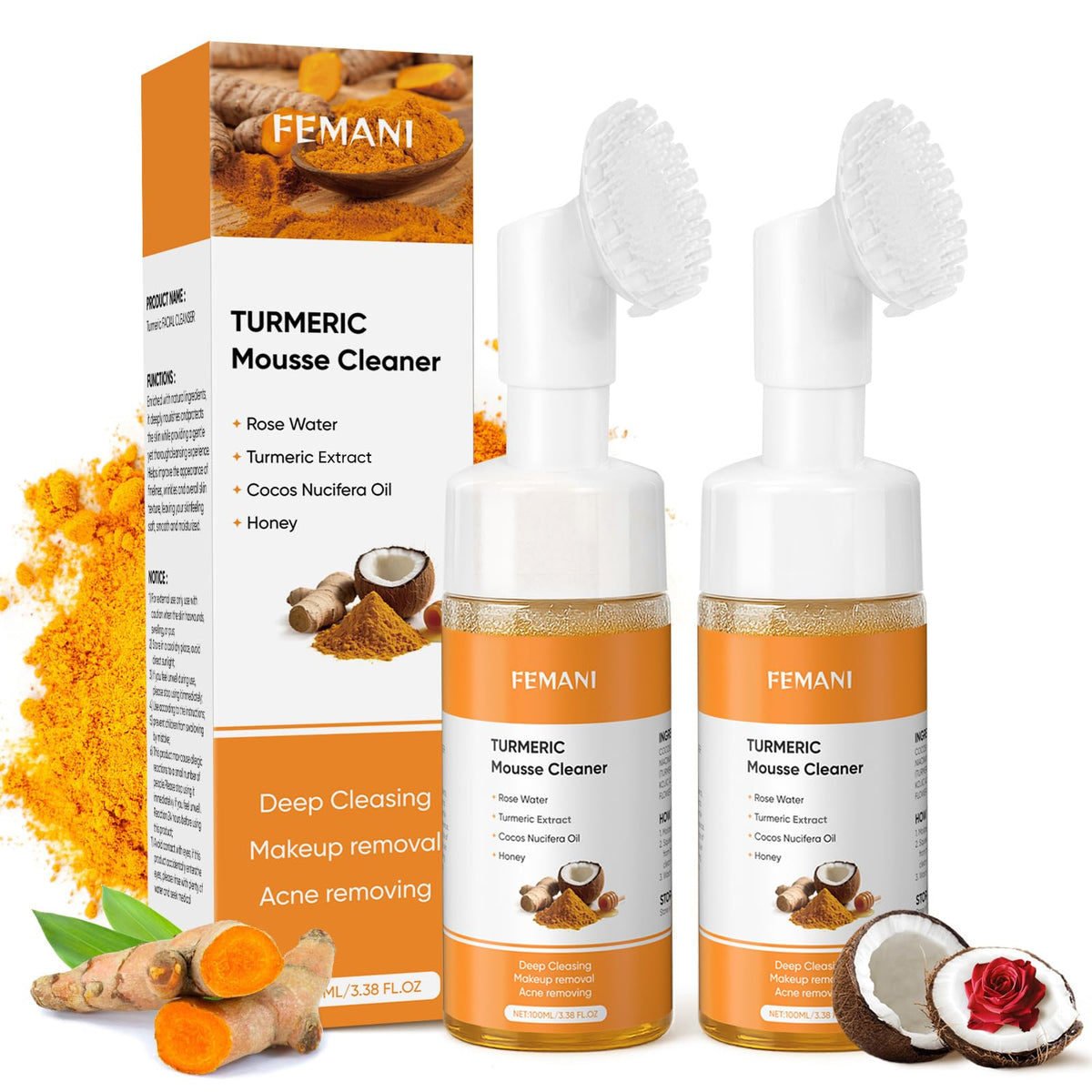 Femani Glow Wash Turmeric Face Wash with Brush for a refreshing exfoliating cleanse.