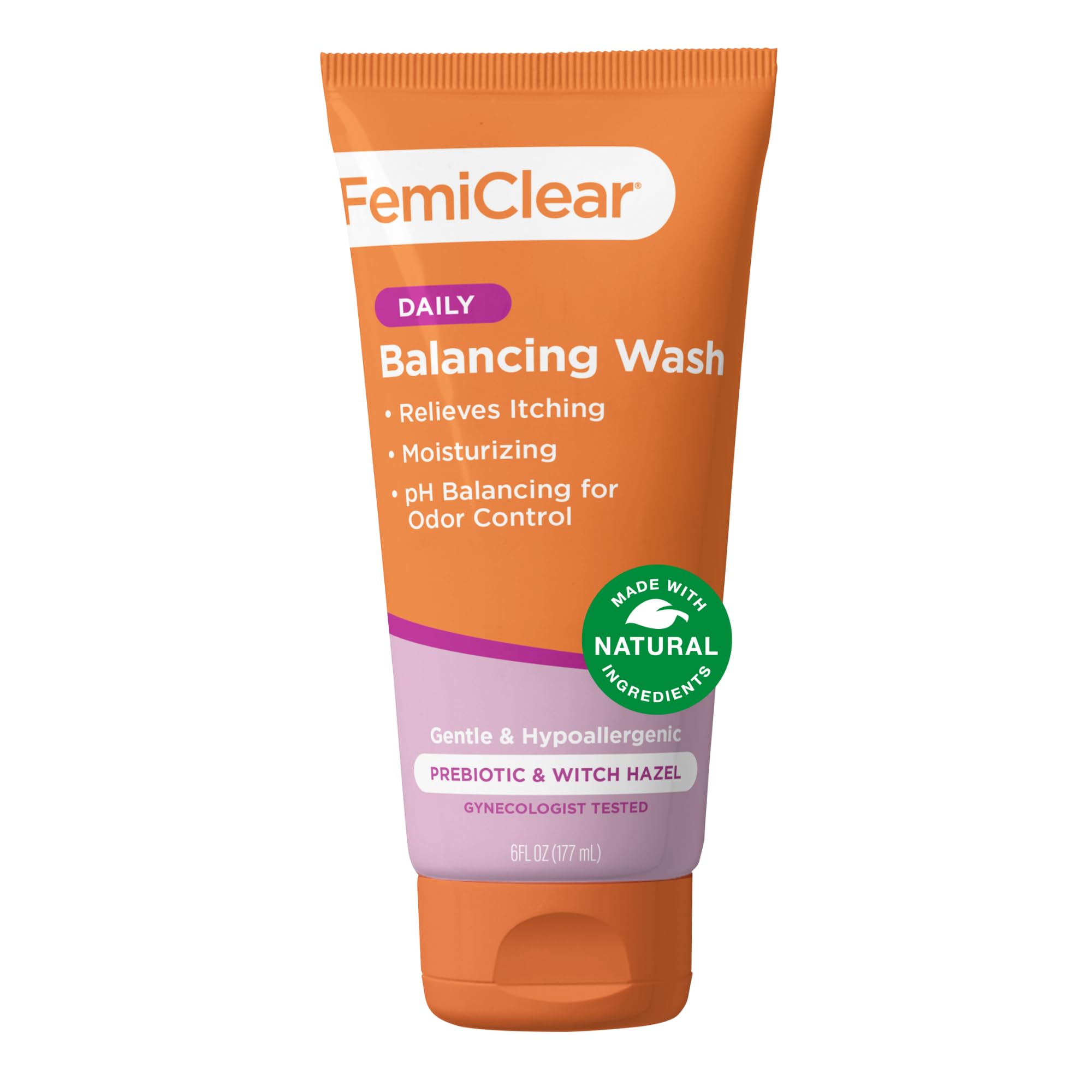 FemiClear Soothing Daily Wash bottle front showing gentle, pH-balanced care for sensitive skin.