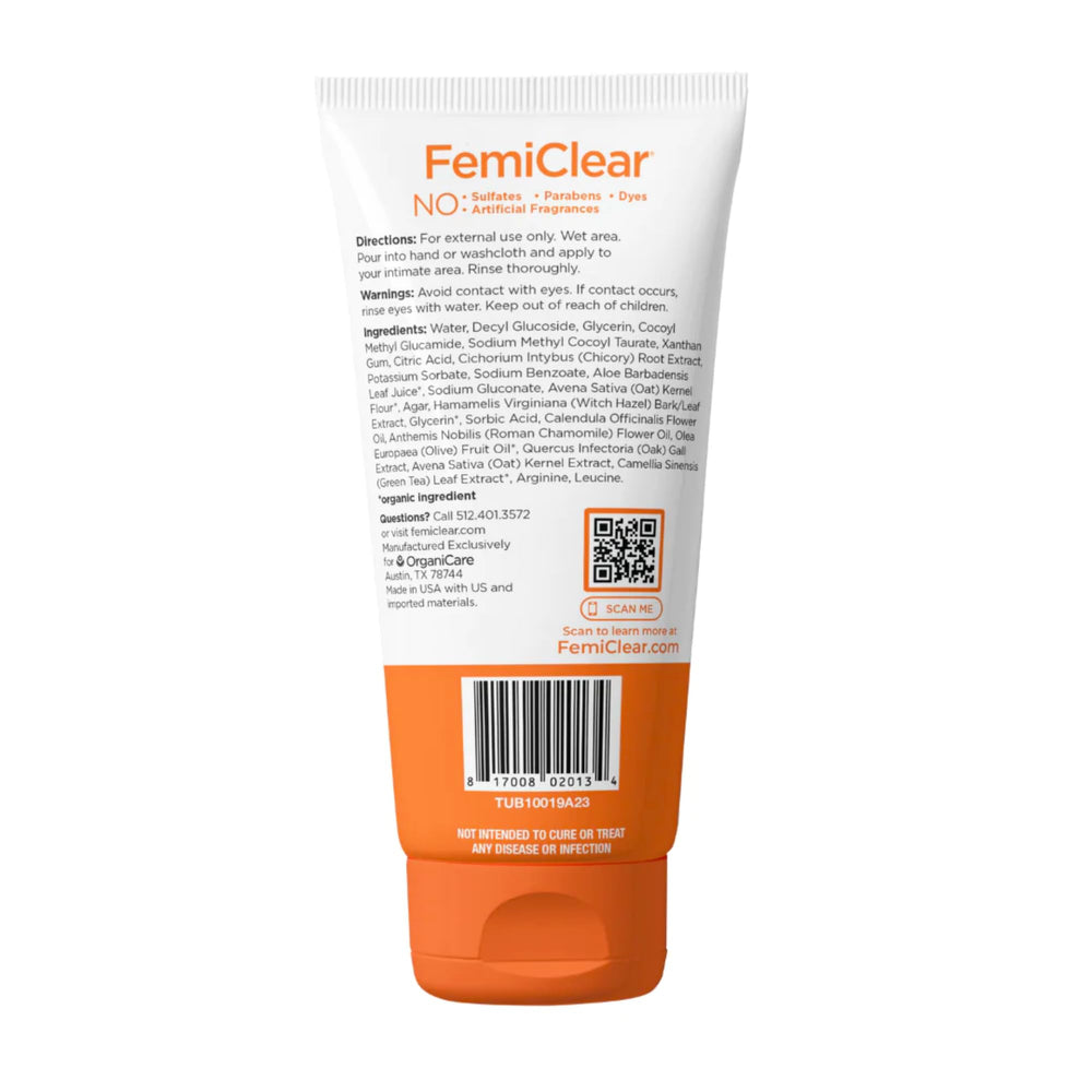 FemiClear Soothing Daily Wash ingredients banner showcasing safe, fragrance-free formula.