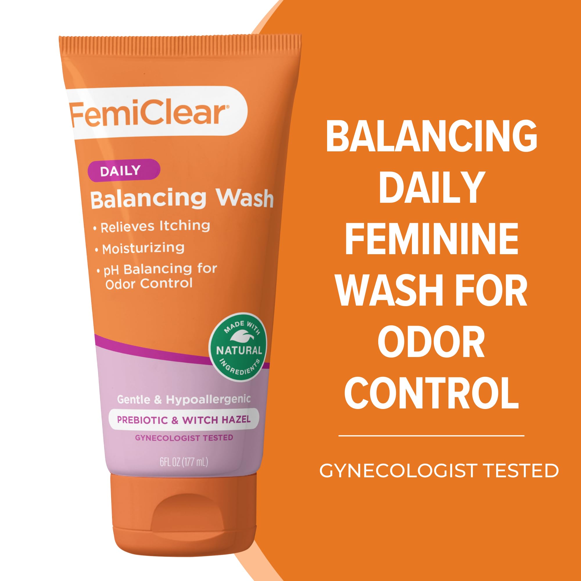 FemiClear Soothing Daily Wash label closeup emphasizing safe ingredients.