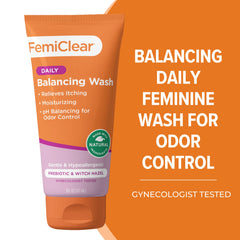 FemiClear Soothing Daily Wash label closeup emphasizing safe ingredients.