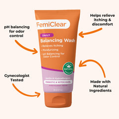 FemiClear Soothing Daily Wash on sink for easy daily use in the bathroom.