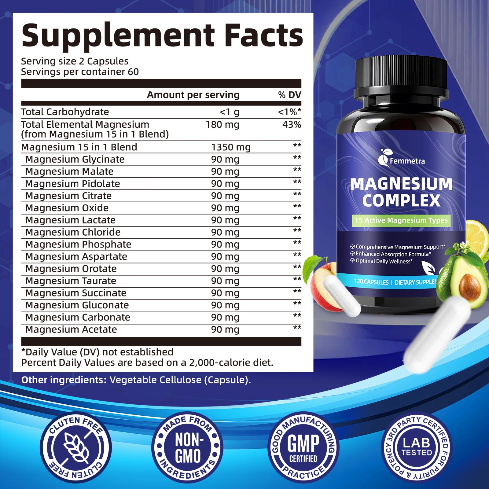 Femmetra Magnesium Complex bottle back label highlights vegan, non-GMO purity.