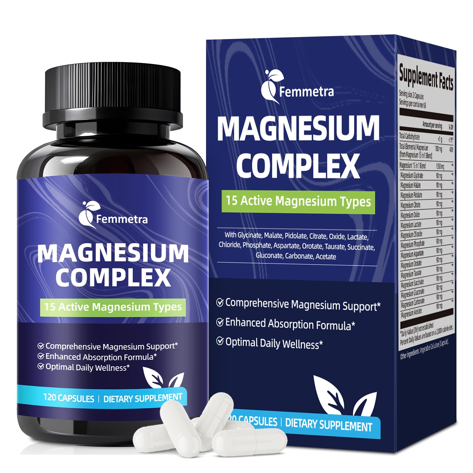 Femmetra Magnesium Complex bottle front shows the 15-in-1 formula for daily wellness.
