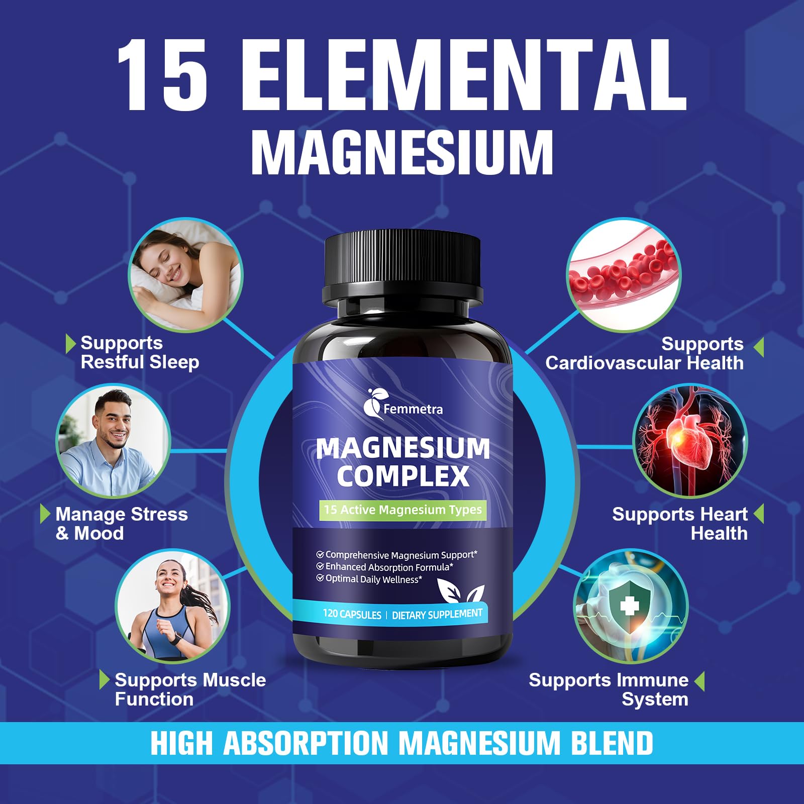 Femmetra Magnesium Complex packaging shows 60-day vegan capsules supply.