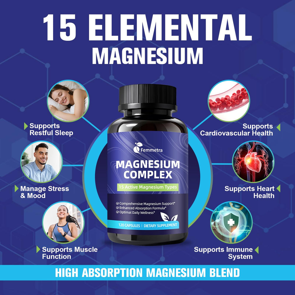 Femmetra Magnesium Complex packaging shows 60-day vegan capsules supply.