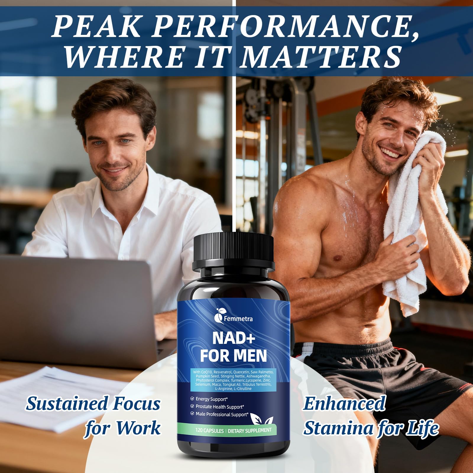 Femmetra NAD+ 120 capsules pack ideal for ongoing energy support.