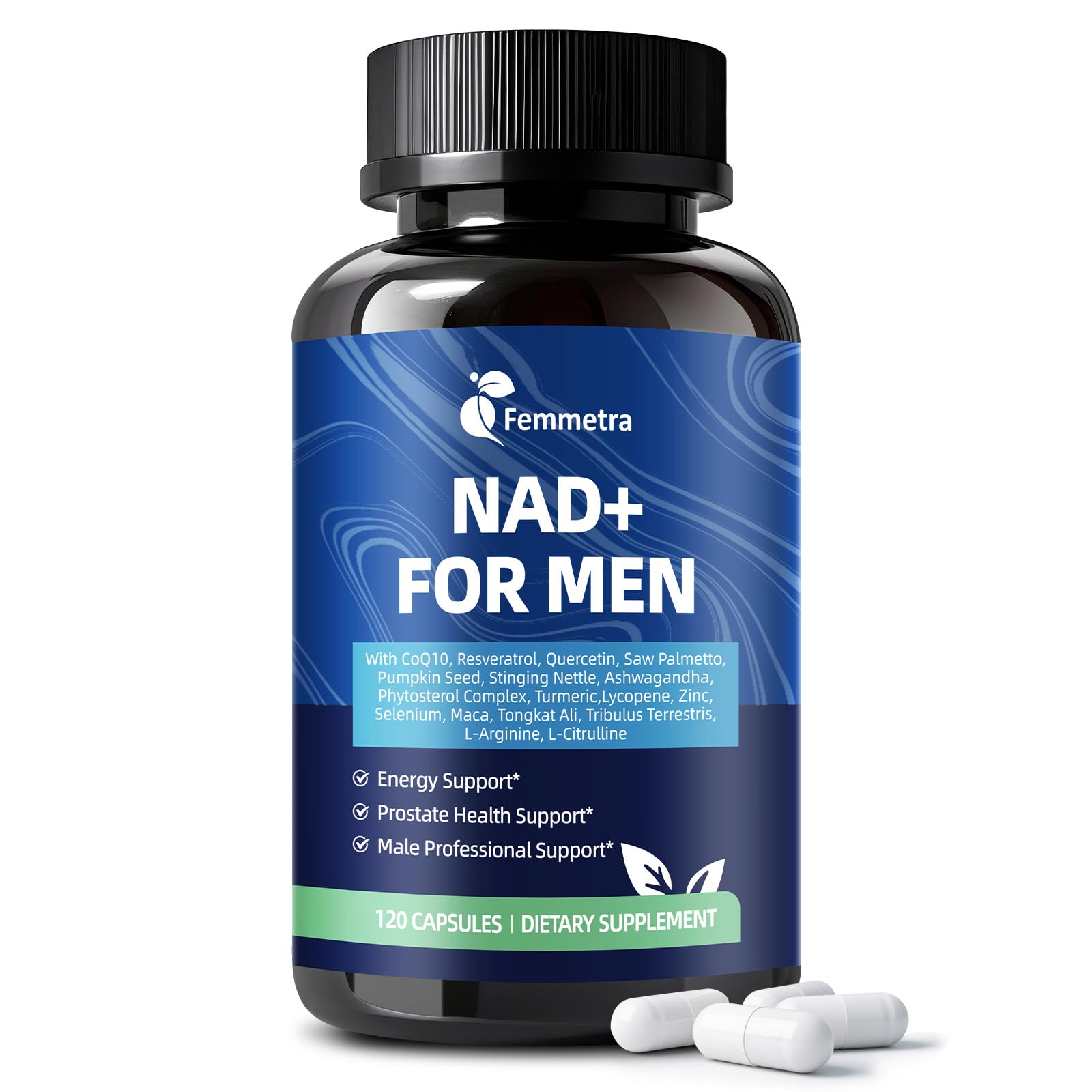 Femmetra NAD+ energy bottle highlighting enhanced daily stamina and focus.