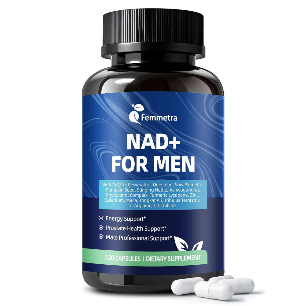Femmetra NAD+ energy bottle highlighting enhanced daily stamina and focus.