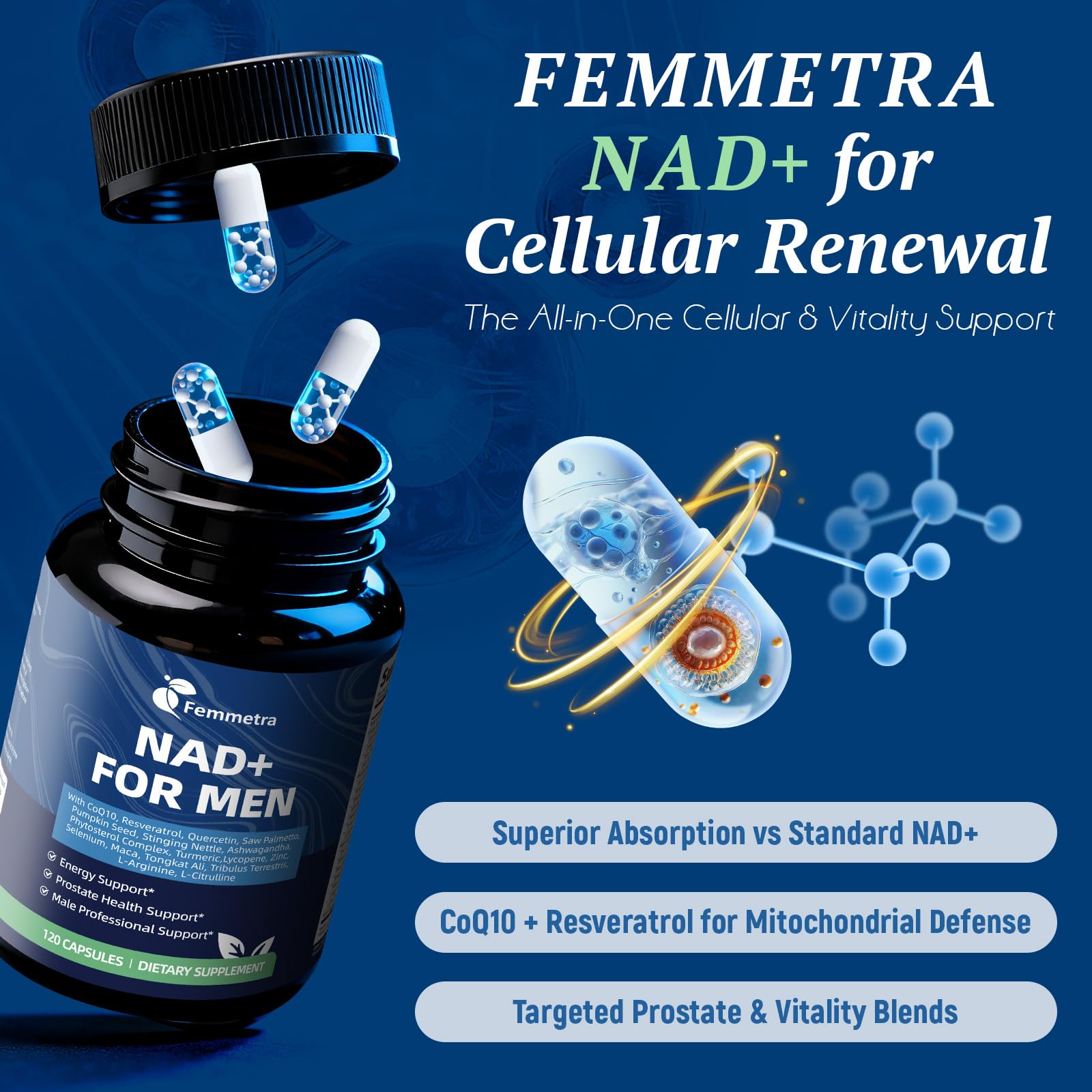 Femmetra NAD+ focus capsules suggesting mental clarity for busy days.