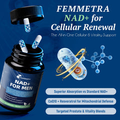 Femmetra NAD+ focus capsules suggesting mental clarity for busy days.