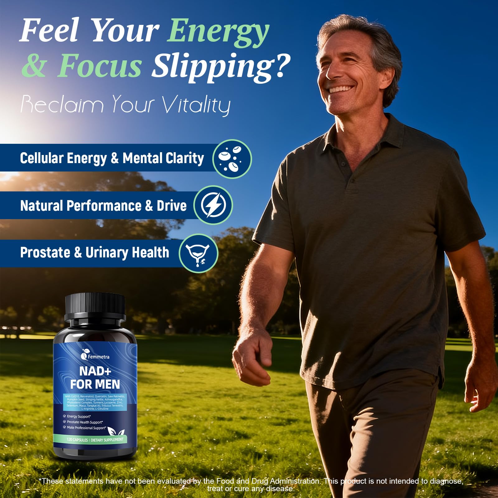 Femmetra NAD+ prostate complex bottle supports comfortable urinary flow.