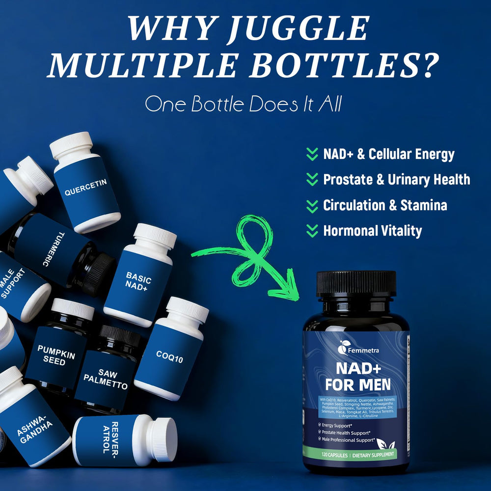 Femmetra NAD+ with resveratrol and L-Arginine capsules for antioxidant support.