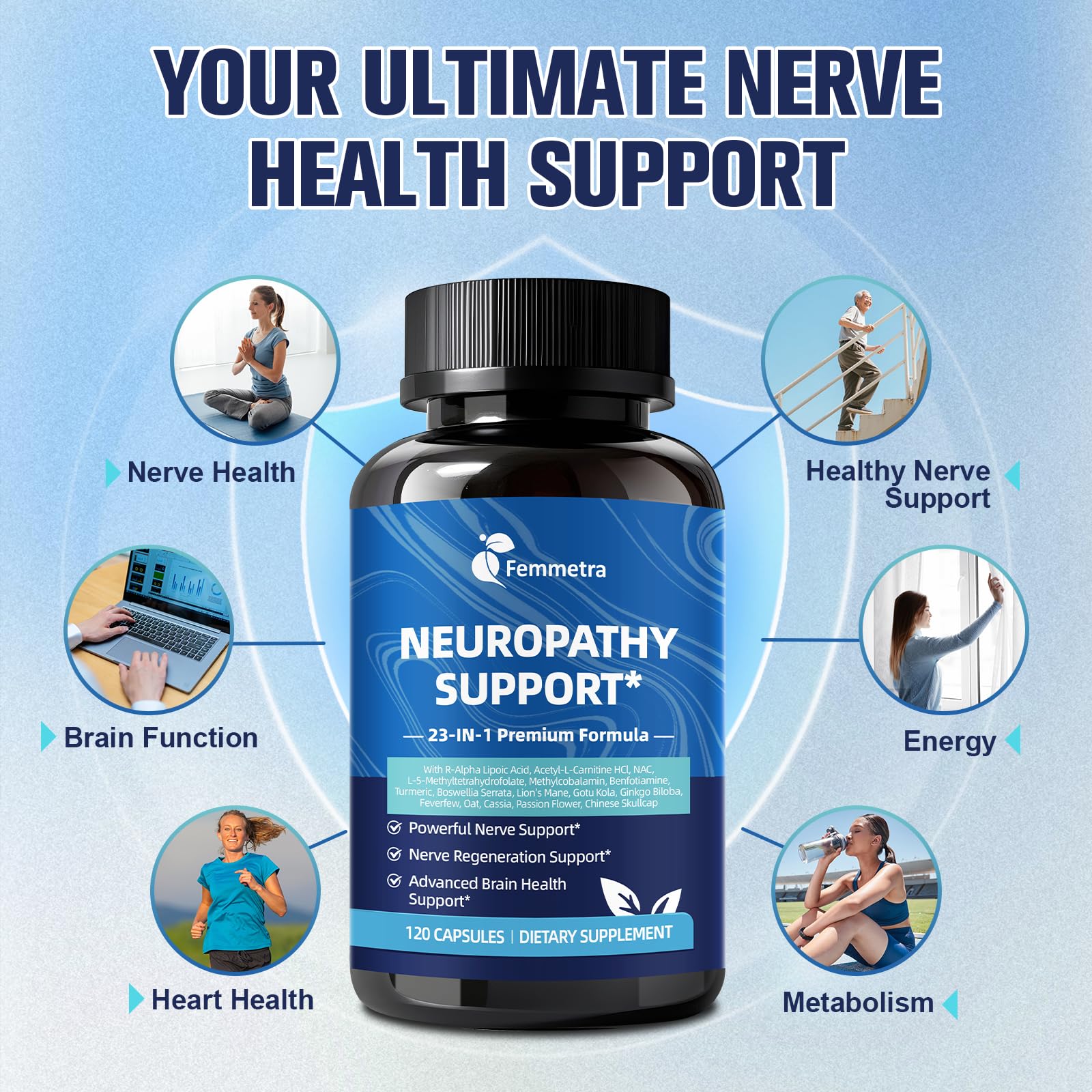 Femmetra Nerve Support bottle on wood for routine care