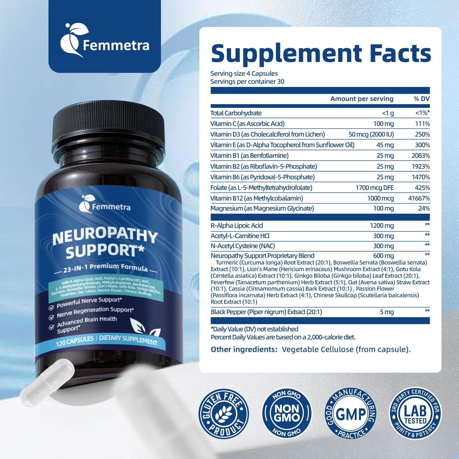 Femmetra Nerve Support capsules and glass suggest daily routine