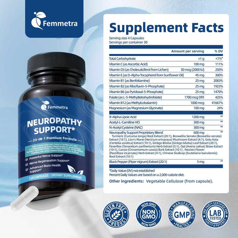 Femmetra Nerve Support capsules and glass suggest daily routine
