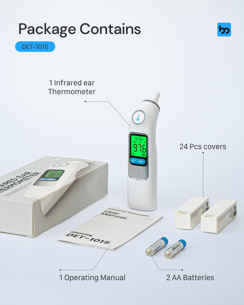 Femometer Family Ear Thermometer batteries included for immediate setup.