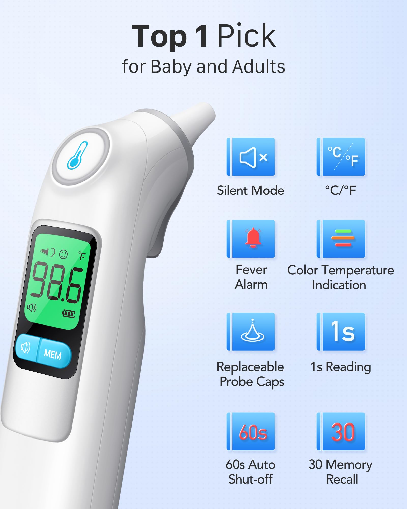 Femometer Family Ear Thermometer display and controls for easy measurements.