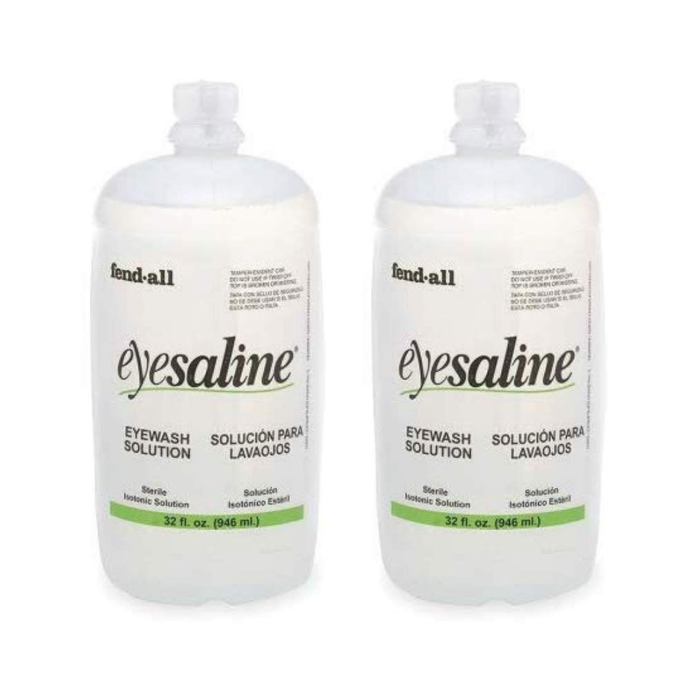 Fendall Eyesaline eyewash 32 oz bottle with pour spout for quick eye flushing.