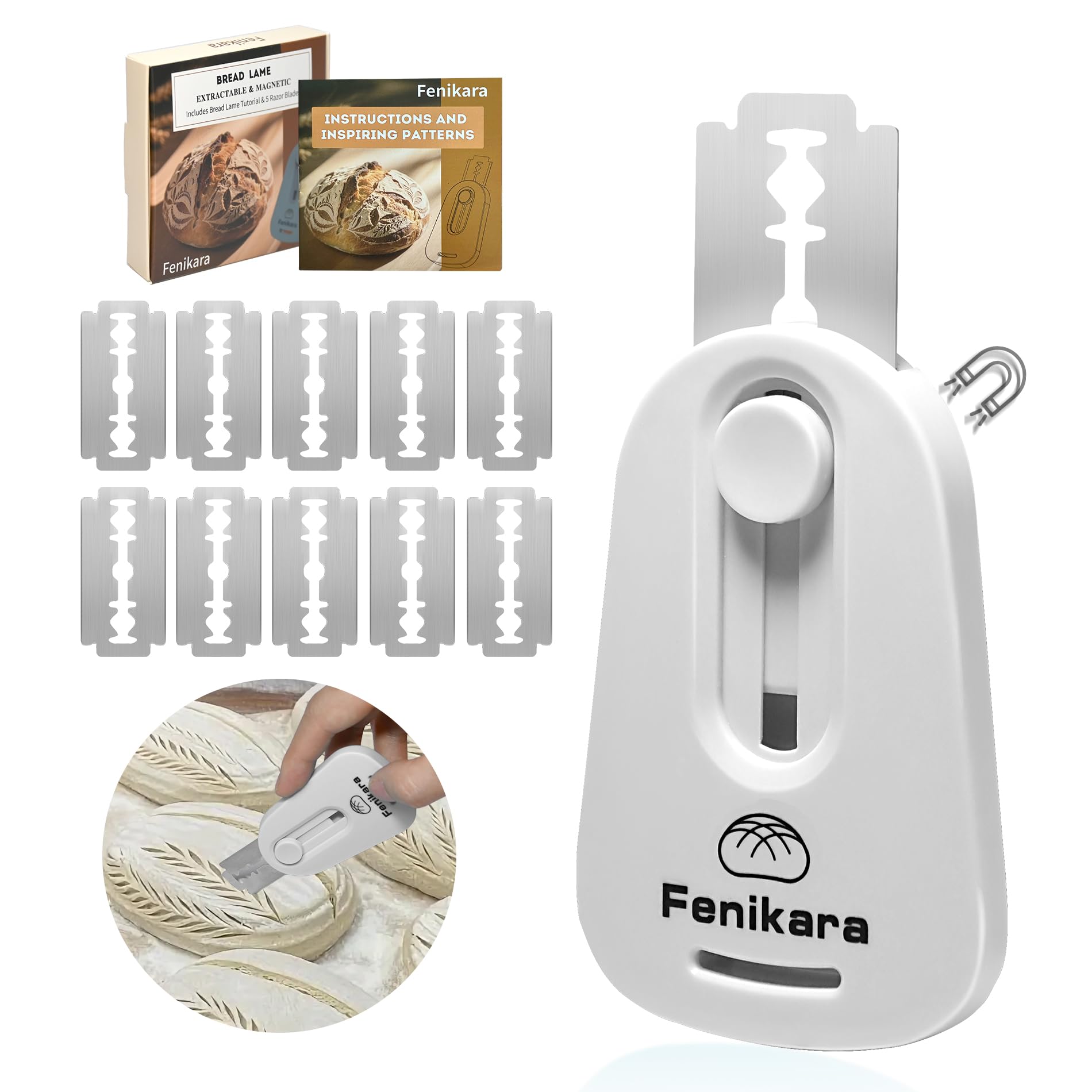 Fenikara bread lame with magnetic storage on a fridge for quick access