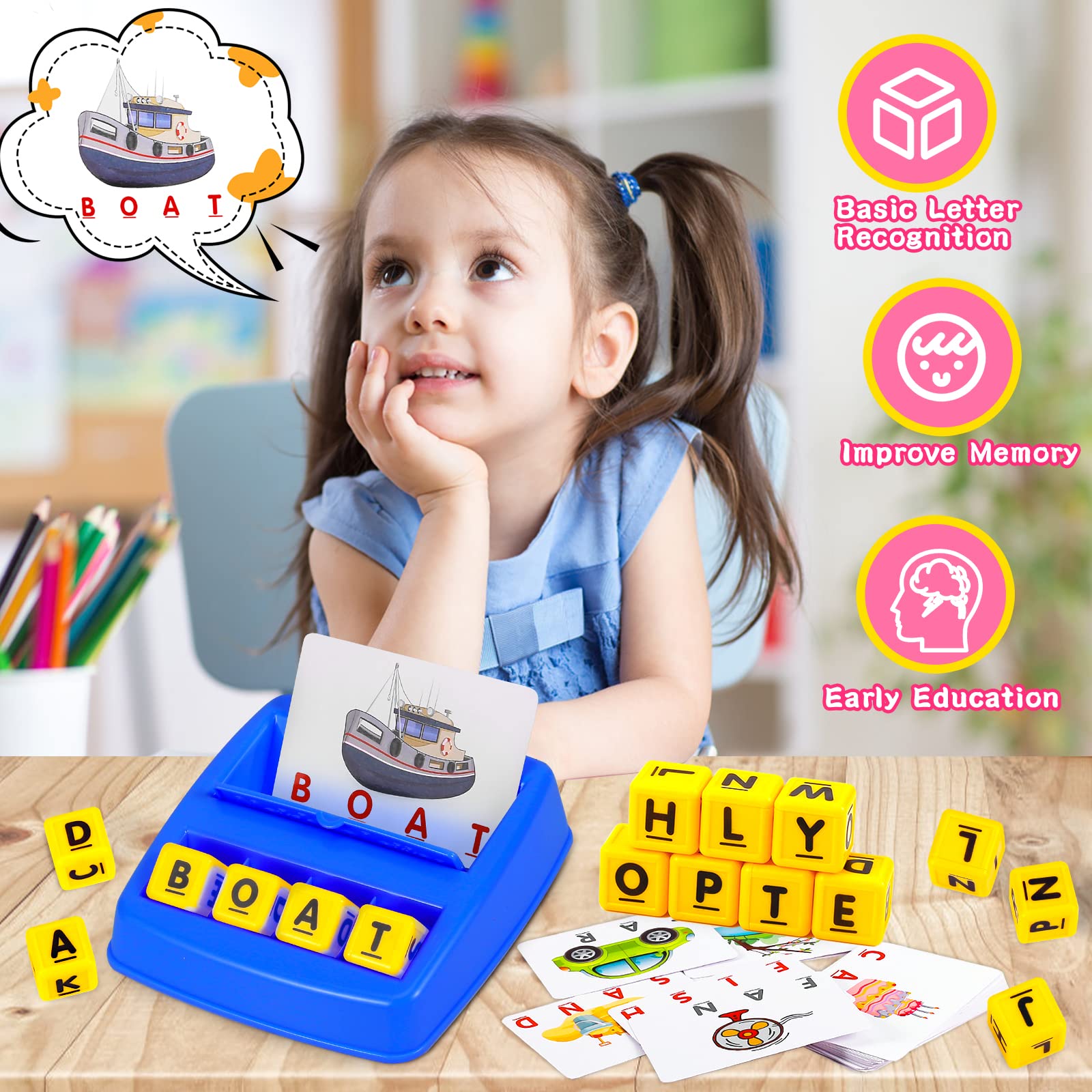 Fenikso Matching Letter Game word cards spread on table inspire word building.