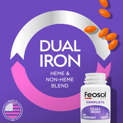 Feosol Complete bottle side view highlighting caplet size and easy swallowing.