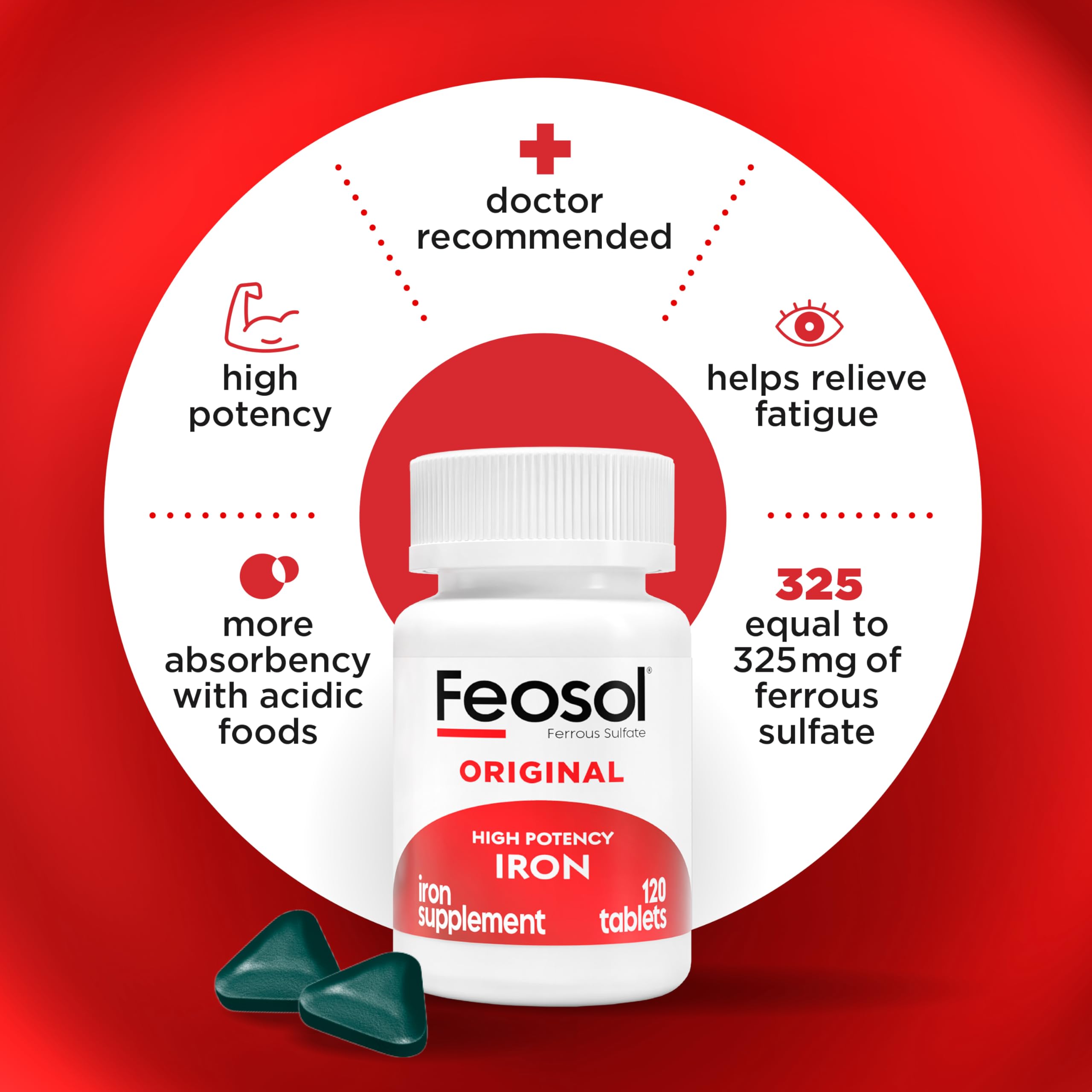 Feosol Original bottle front emphasizing trusted USA-made iron supplement.