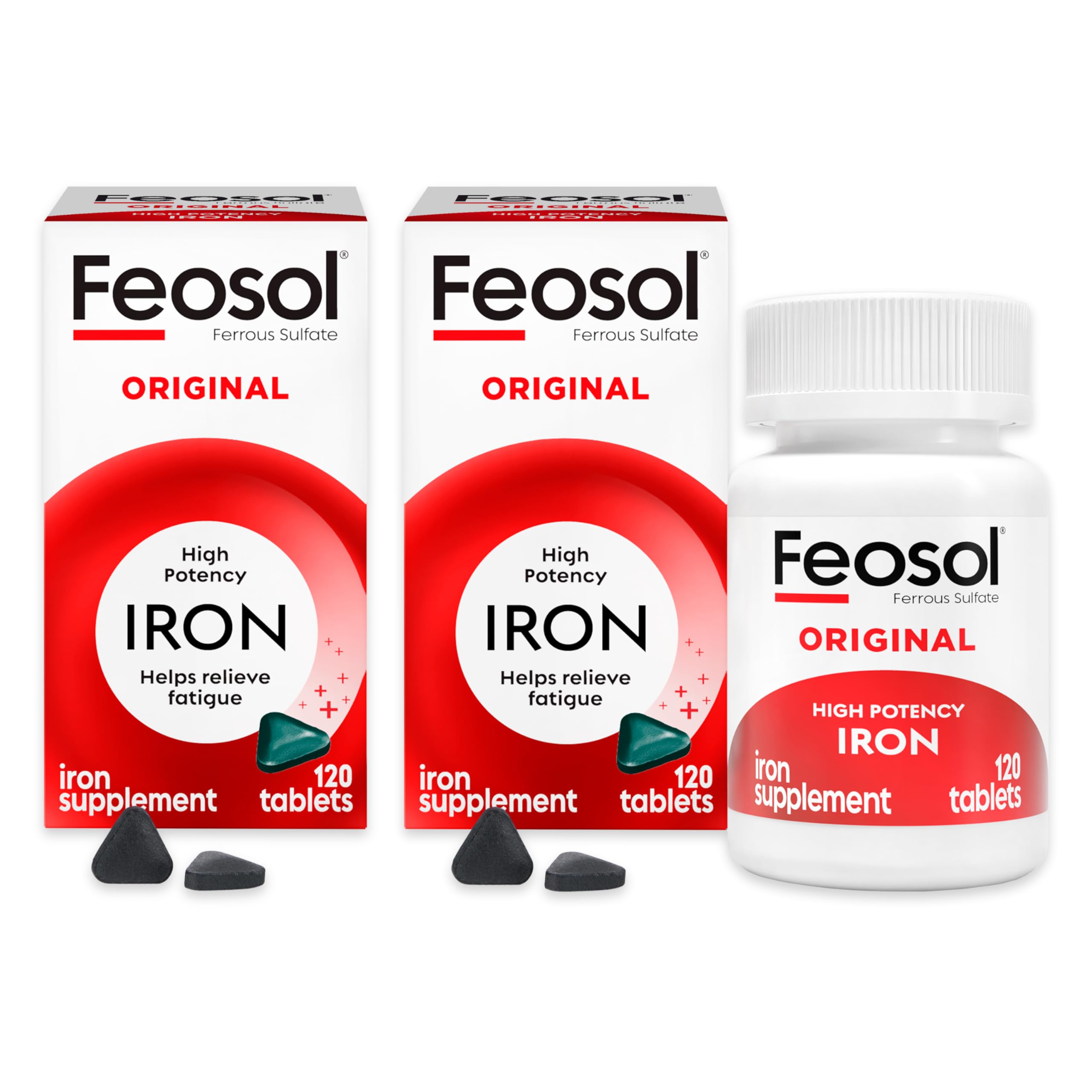 Feosol Original iron tablet closeup highlighting high potency for daily energy support.