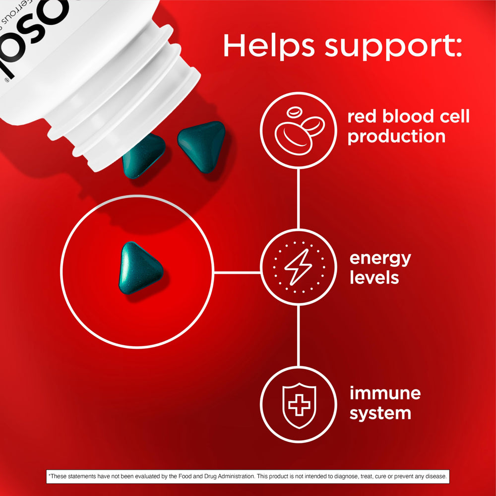 Feosol Original tablet pour showing convenient daily iron intake.