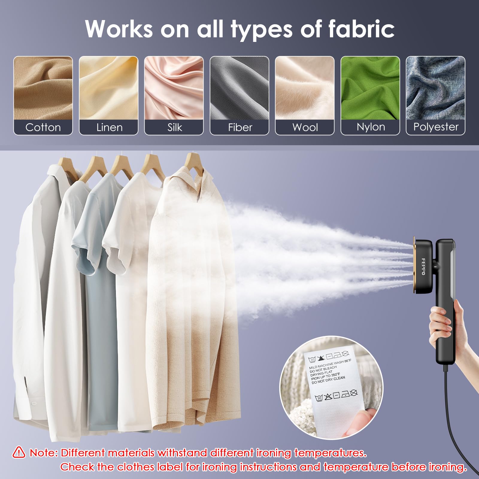 FEPPO Travel Steamer large ceramic plate smooths collars and pleats for crisp looks.