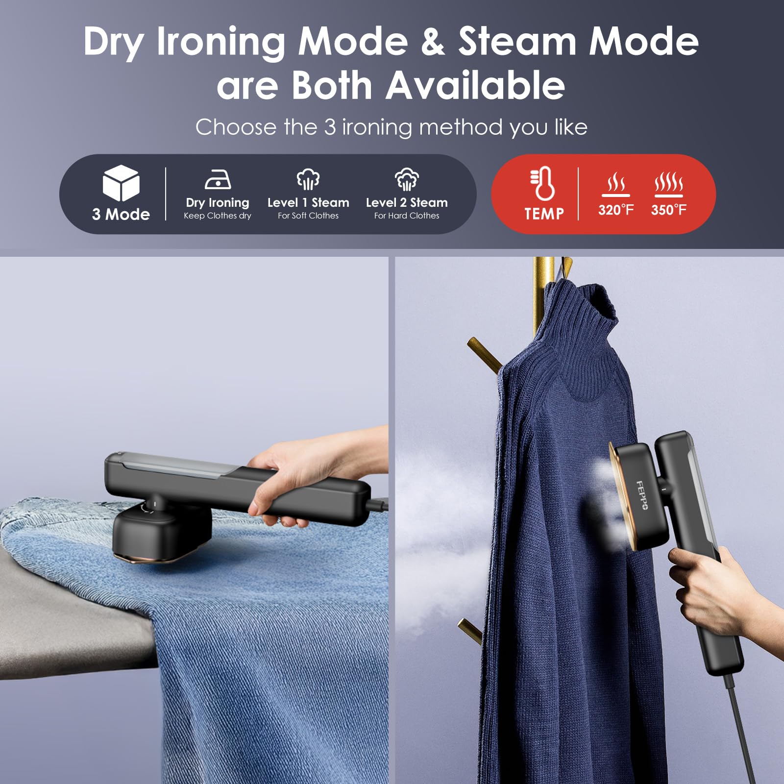 FEPPO Travel Steamer rotating head demonstrates flexible steaming for hard-to-reach areas.